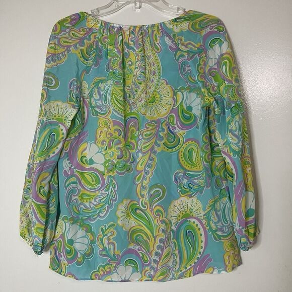 Lilly Pulitzer Sarabeth floral blue green paisley silk blouse top XS - Picture 3 of 4